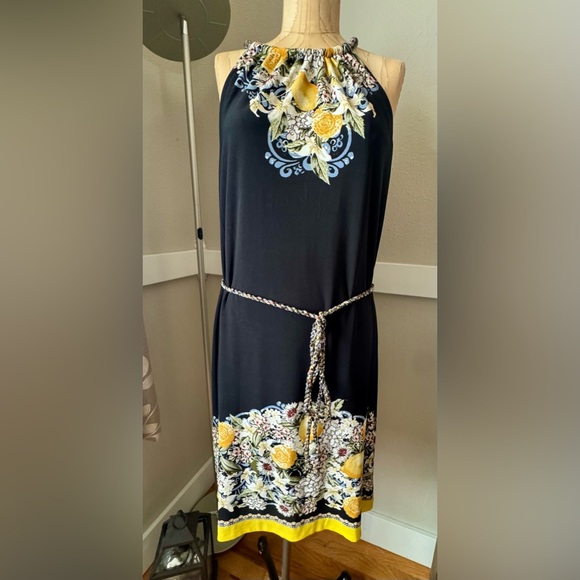 White House Black Market Dresses & Skirts - White House Black Market Black Halter Dress with Yellow Floral Trim NEW, Large